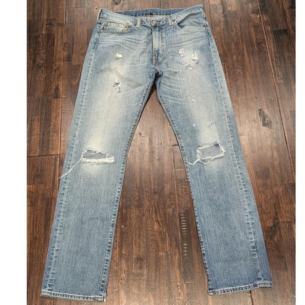 Levis 513 Straight Leg Jeans Mens 34x34 Blue Light Wash Distressed Denim‎ Rips